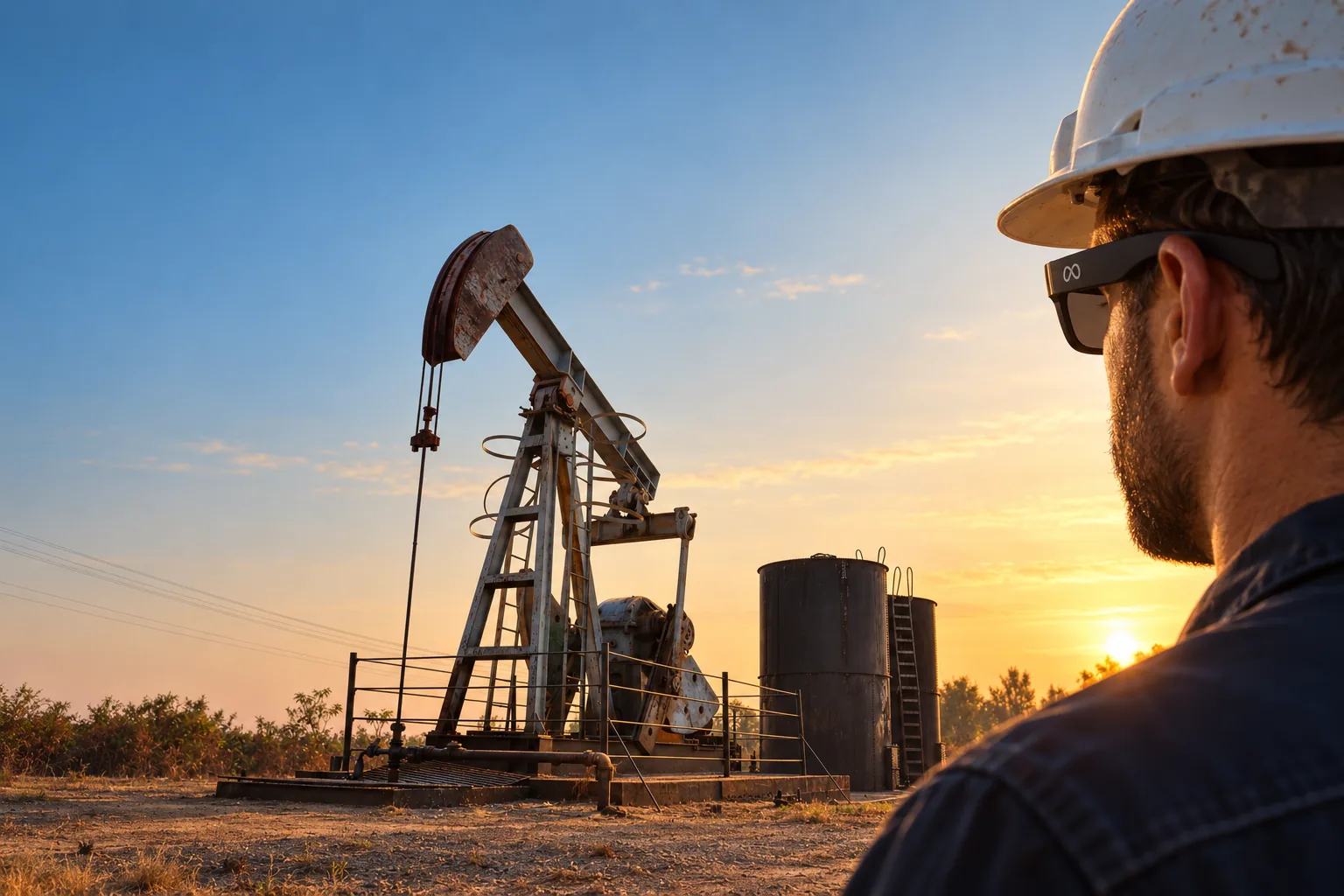 Field worker wearing Meta AI glasses at an oil well site