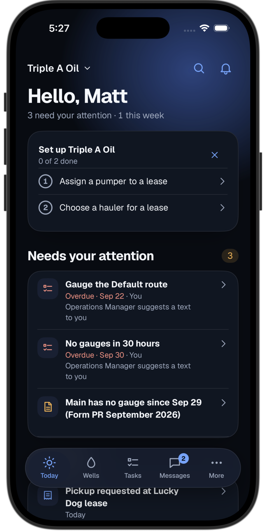 Wellsite Today showing an operating to-do list and items needing attention