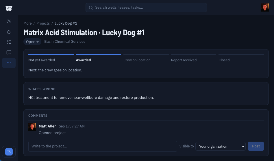 Wellsite project workspace showing Matrix Acid Stimulation on Lucky Dog #1