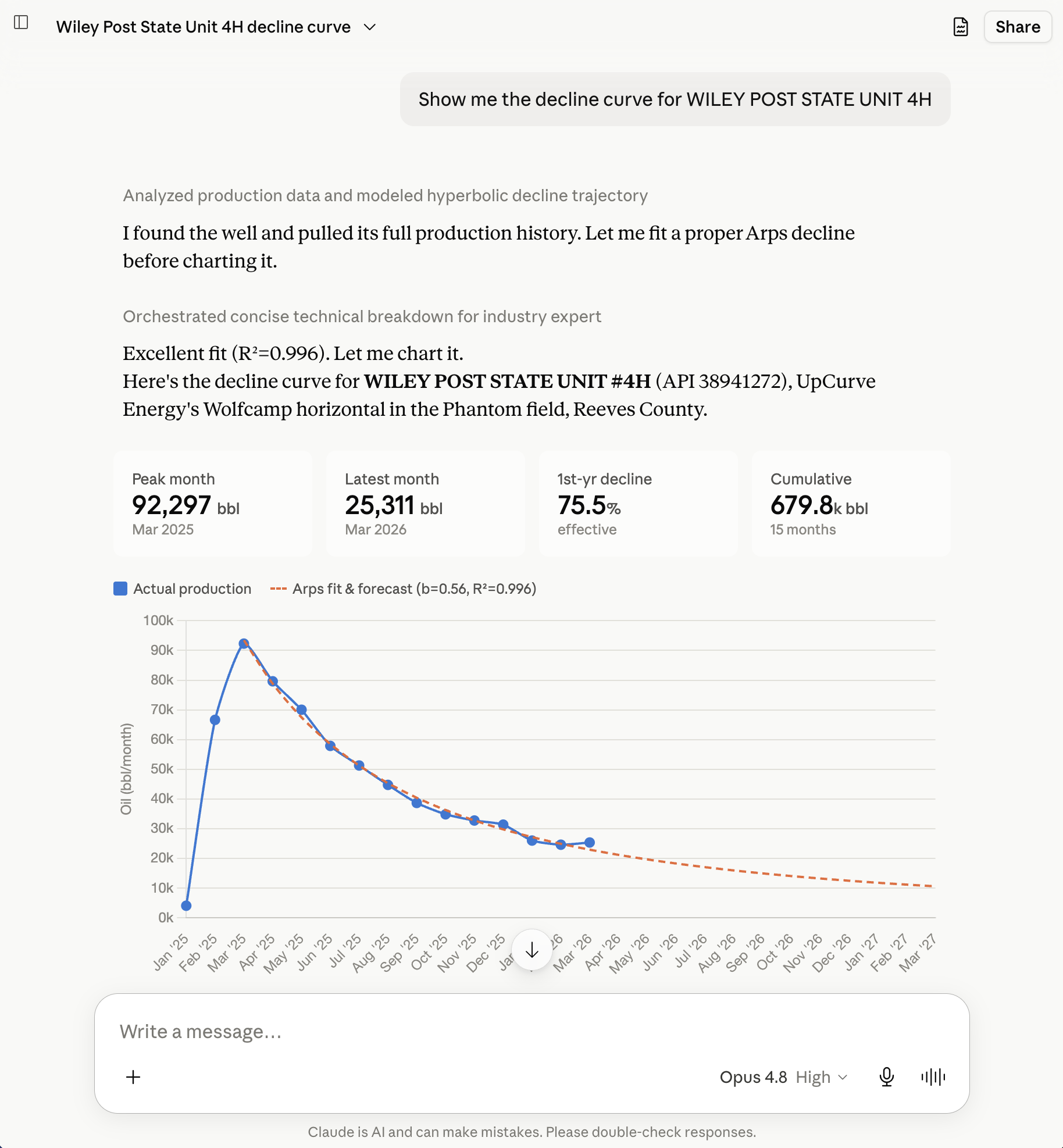 Wellsite MCP — plotting a decline curve in Claude