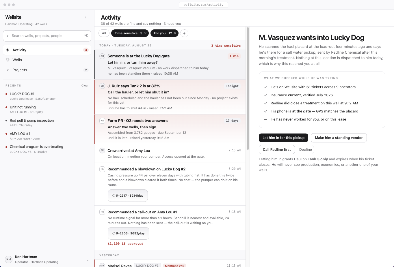 The Wellsite app — the Activity view, where the AI agent team surfaces what needs attention across the operation